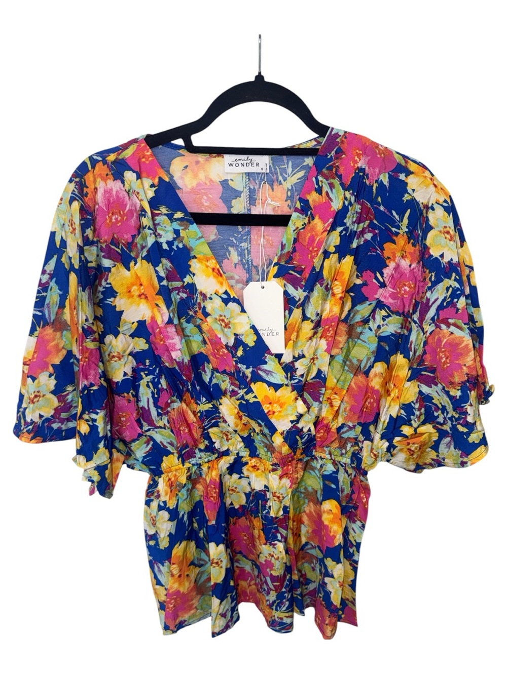 Wander Blue Floral Wrap Blouse with Pink & Yellow Blooms
